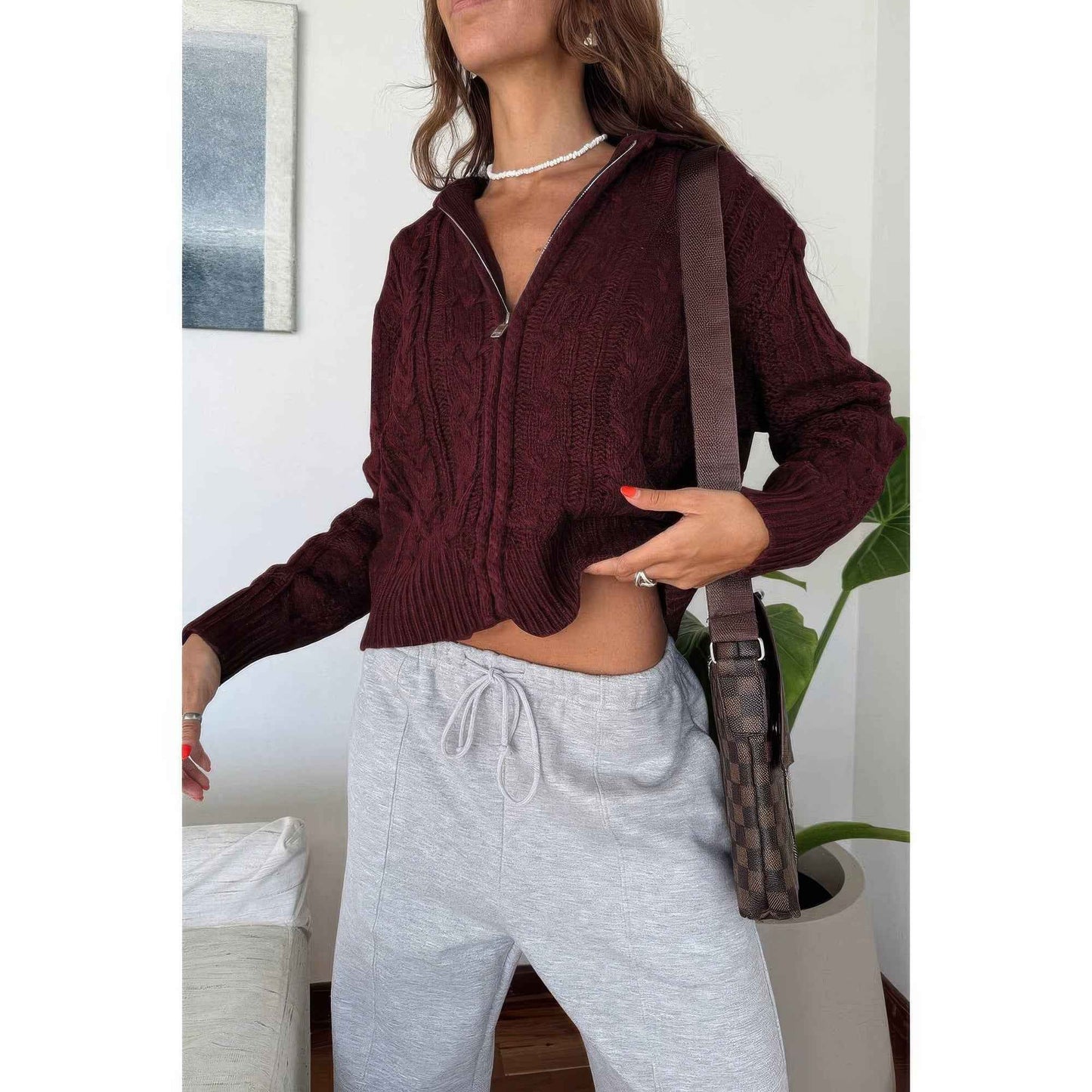 Solid Cable Knit Drop Shoulder Zipper Cardigan