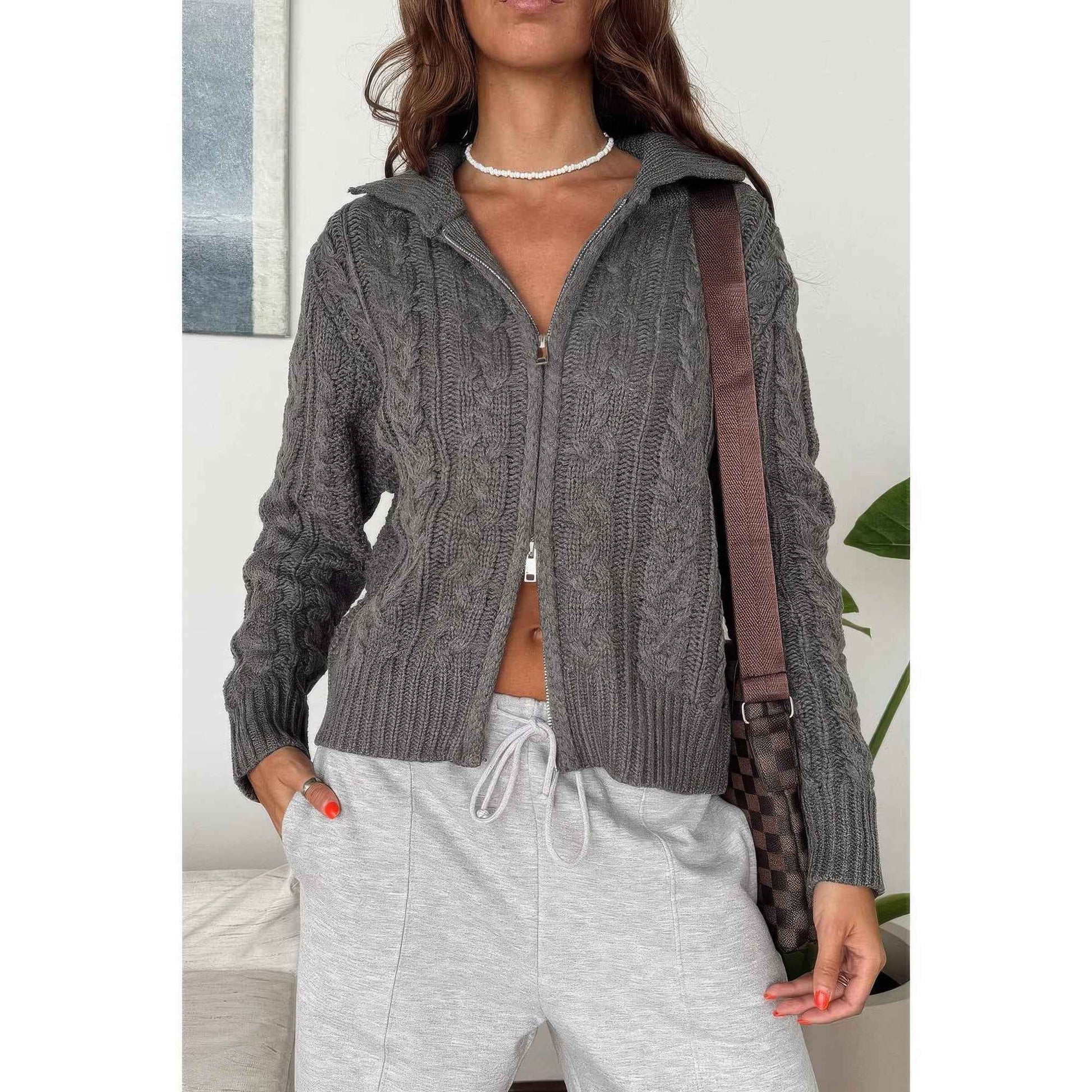 Solid Cable Knit Drop Shoulder Zipper Cardigan