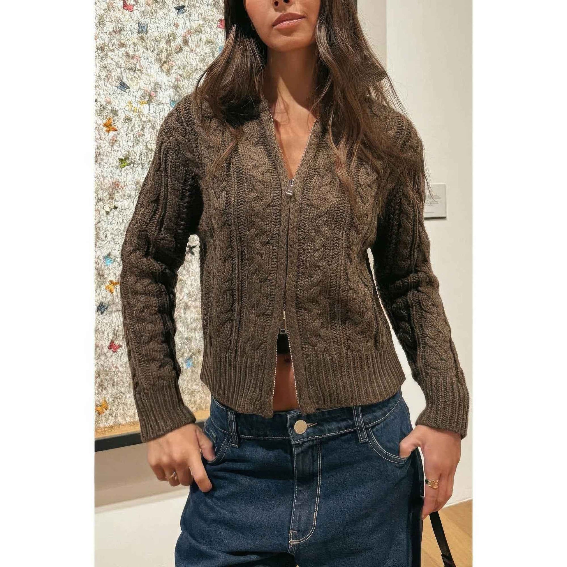 Solid Cable Knit Drop Shoulder Zipper Cardigan