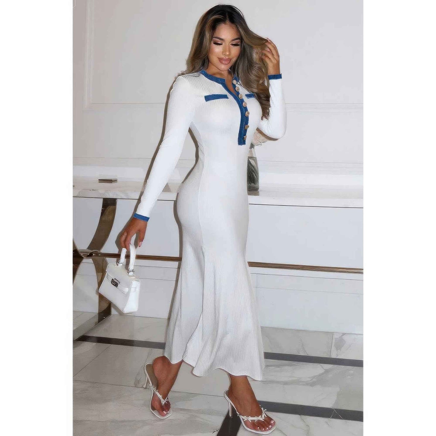 Contrast Trim Round Neck Long Sleeve Fit Dress