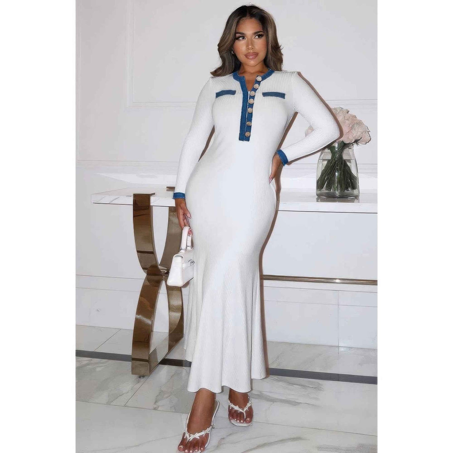 Contrast Trim Round Neck Long Sleeve Fit Dress