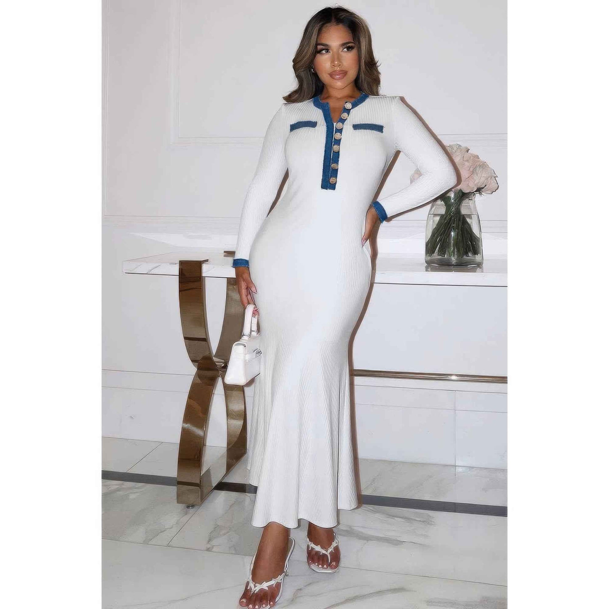 Contrast Trim Round Neck Long Sleeve Fit Dress