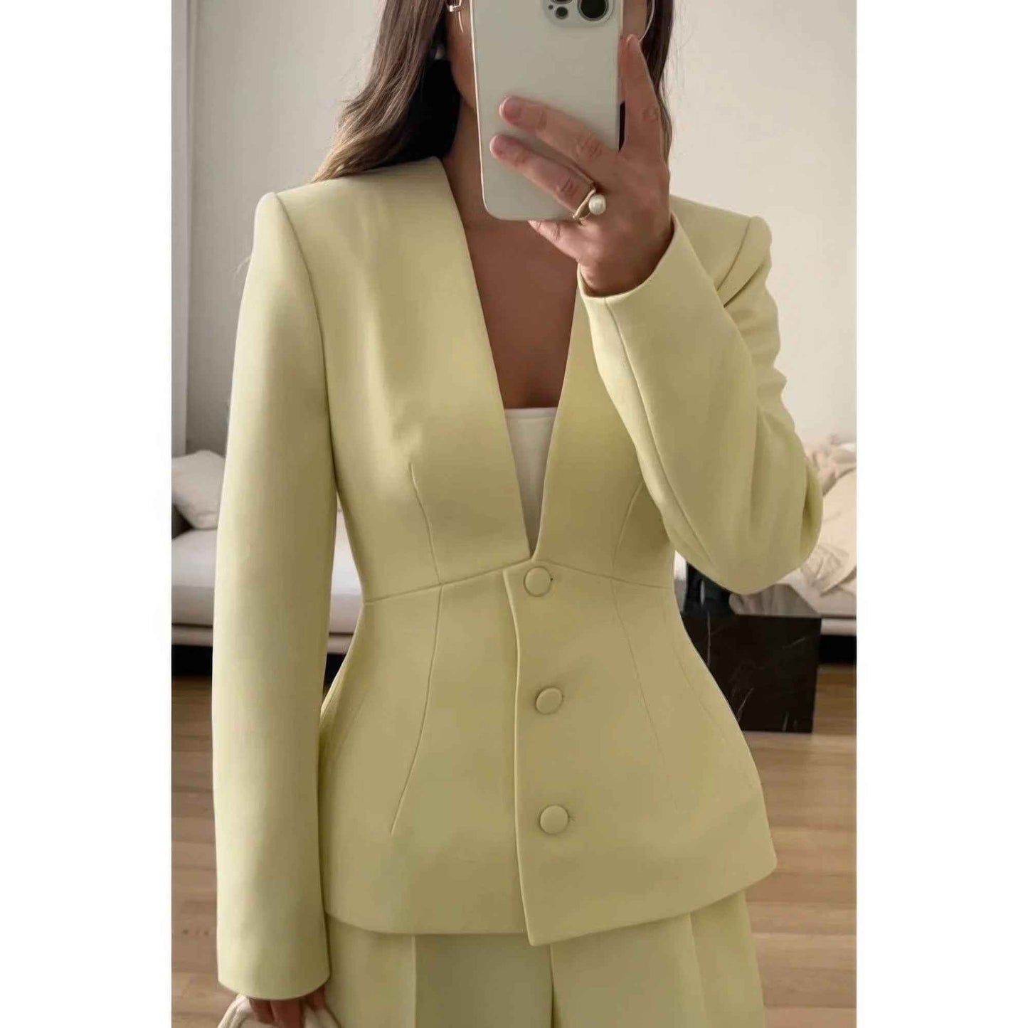 Solid Long Sleeve V Neck Button Fit Blazer