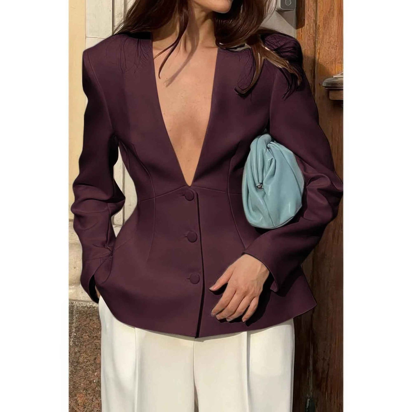 Solid Long Sleeve V Neck Button Fit Blazer