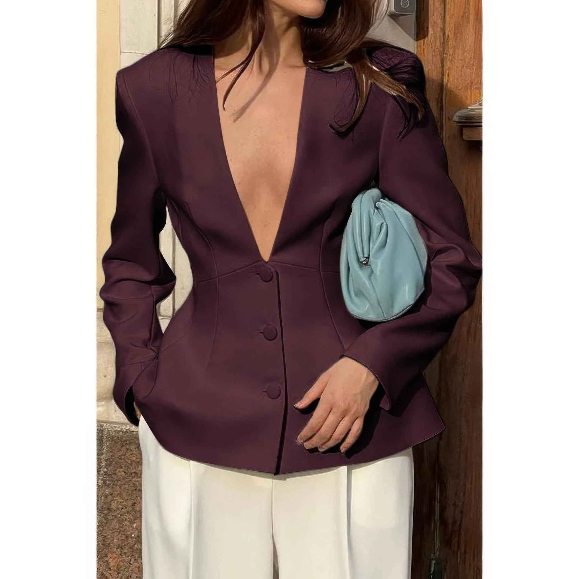 Solid Long Sleeve V Neck Button Fit Blazer