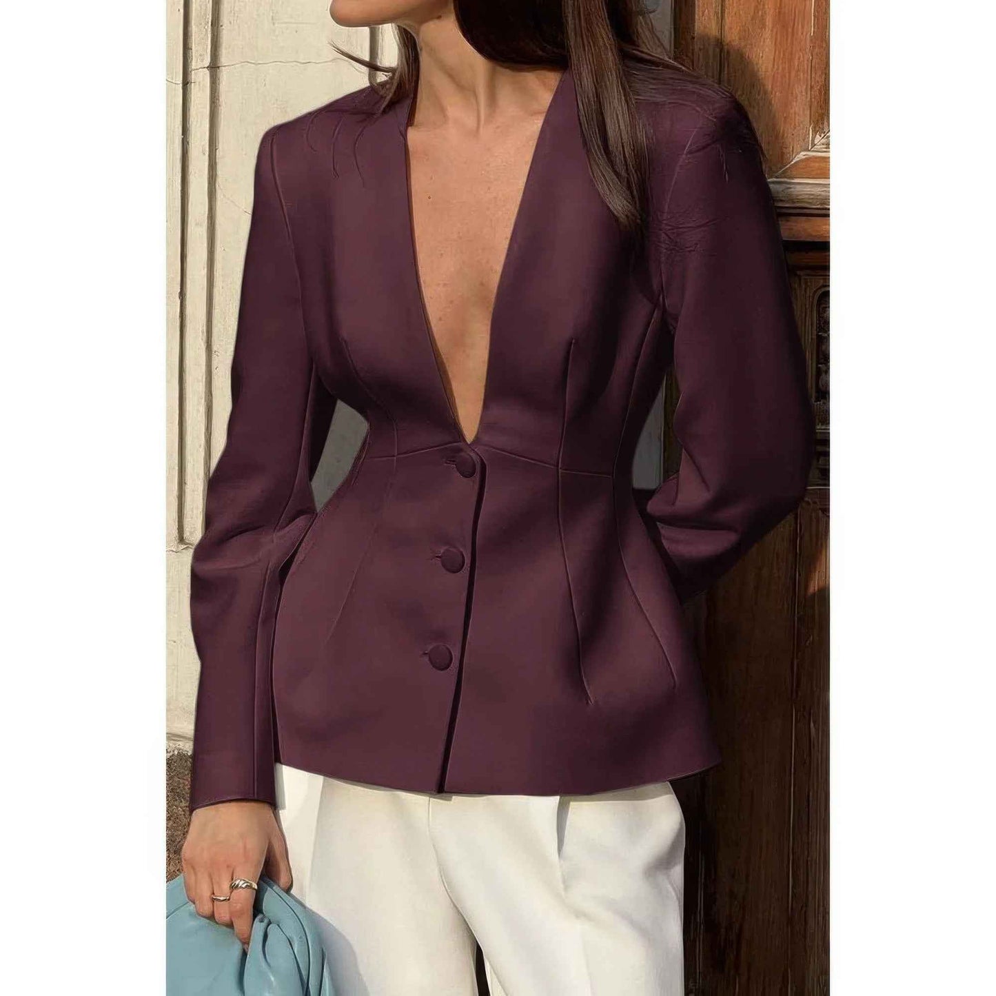 Solid Long Sleeve V Neck Button Fit Blazer