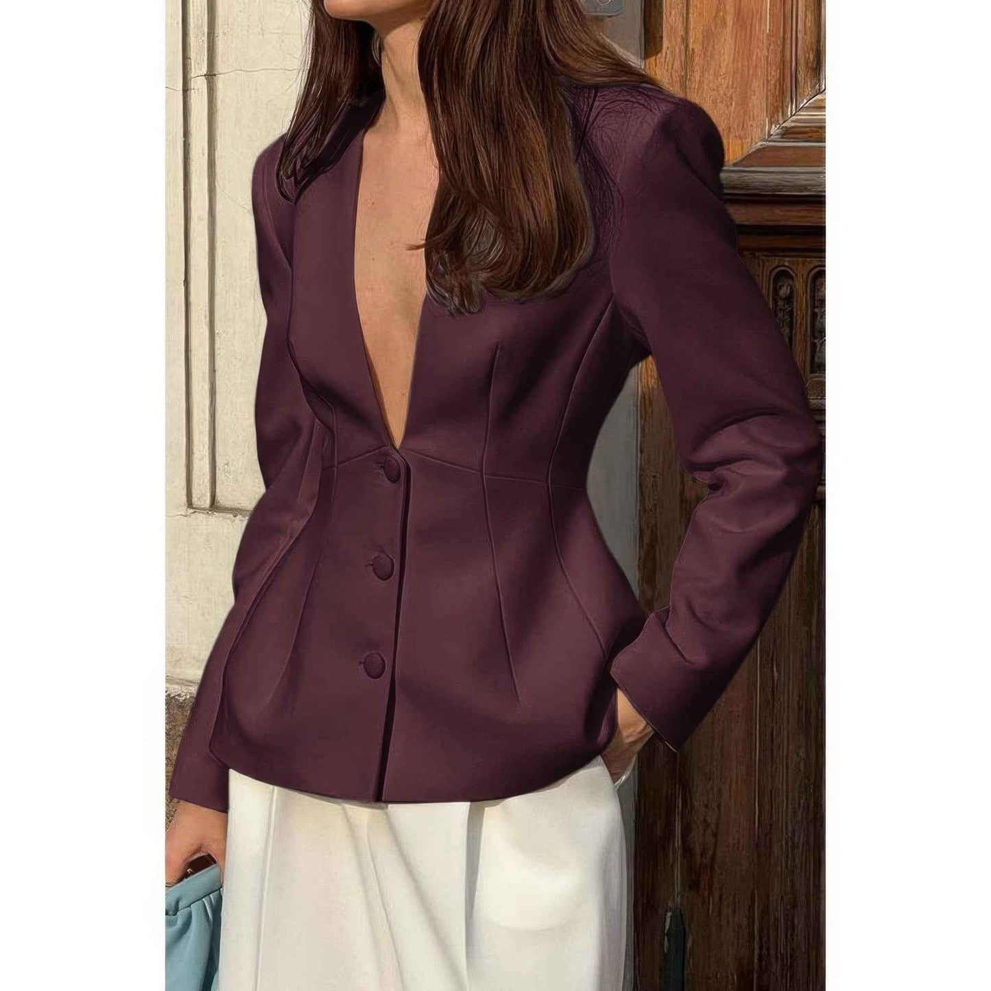 Solid Long Sleeve V Neck Button Fit Blazer