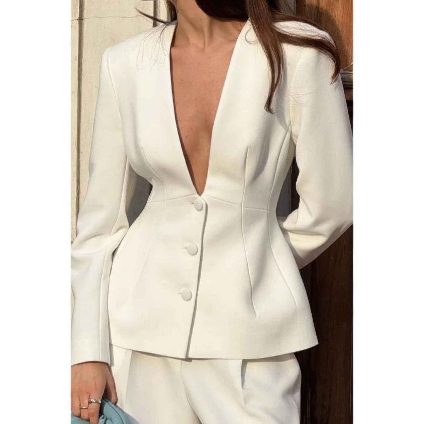 Solid Long Sleeve V Neck Button Fit Blazer