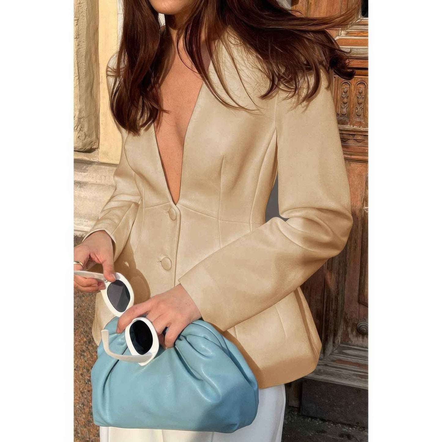 Solid Long Sleeve V Neck Button Fit Blazer