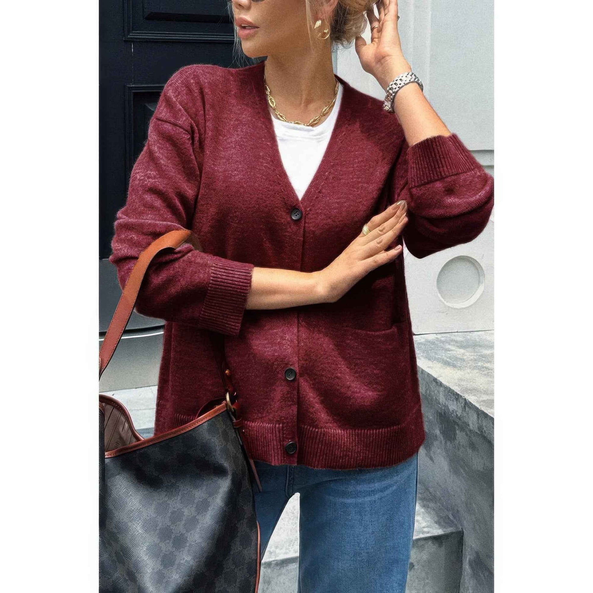 Knit Solid V Neck Button Pockets Sweater