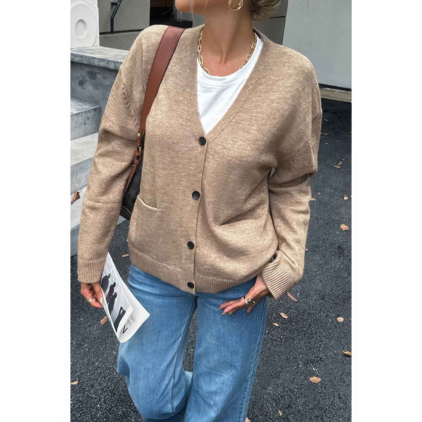 Knit Solid V Neck Button Pockets Sweater