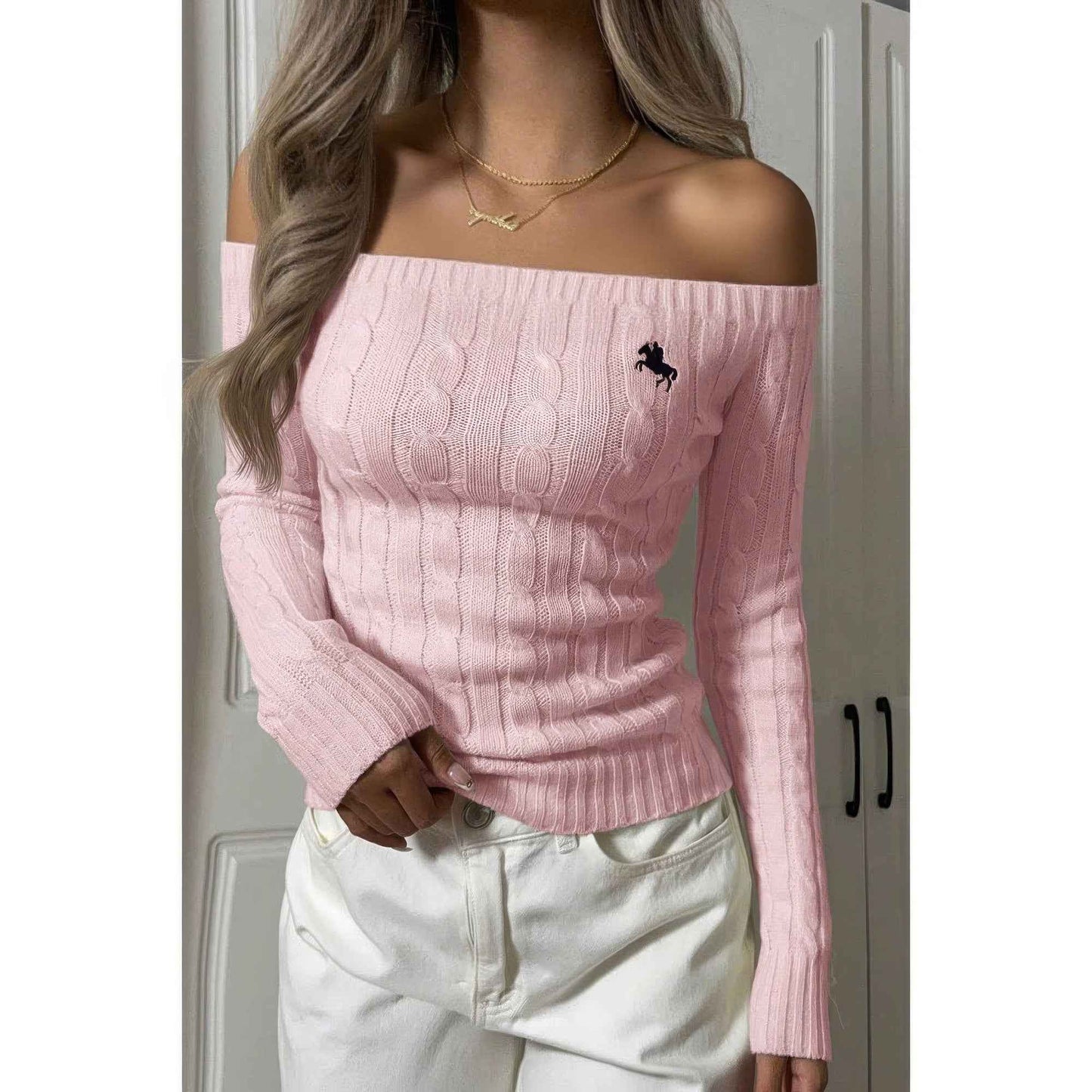 Off Shoulder Cable Knit Solid Long Sleeves Sweater