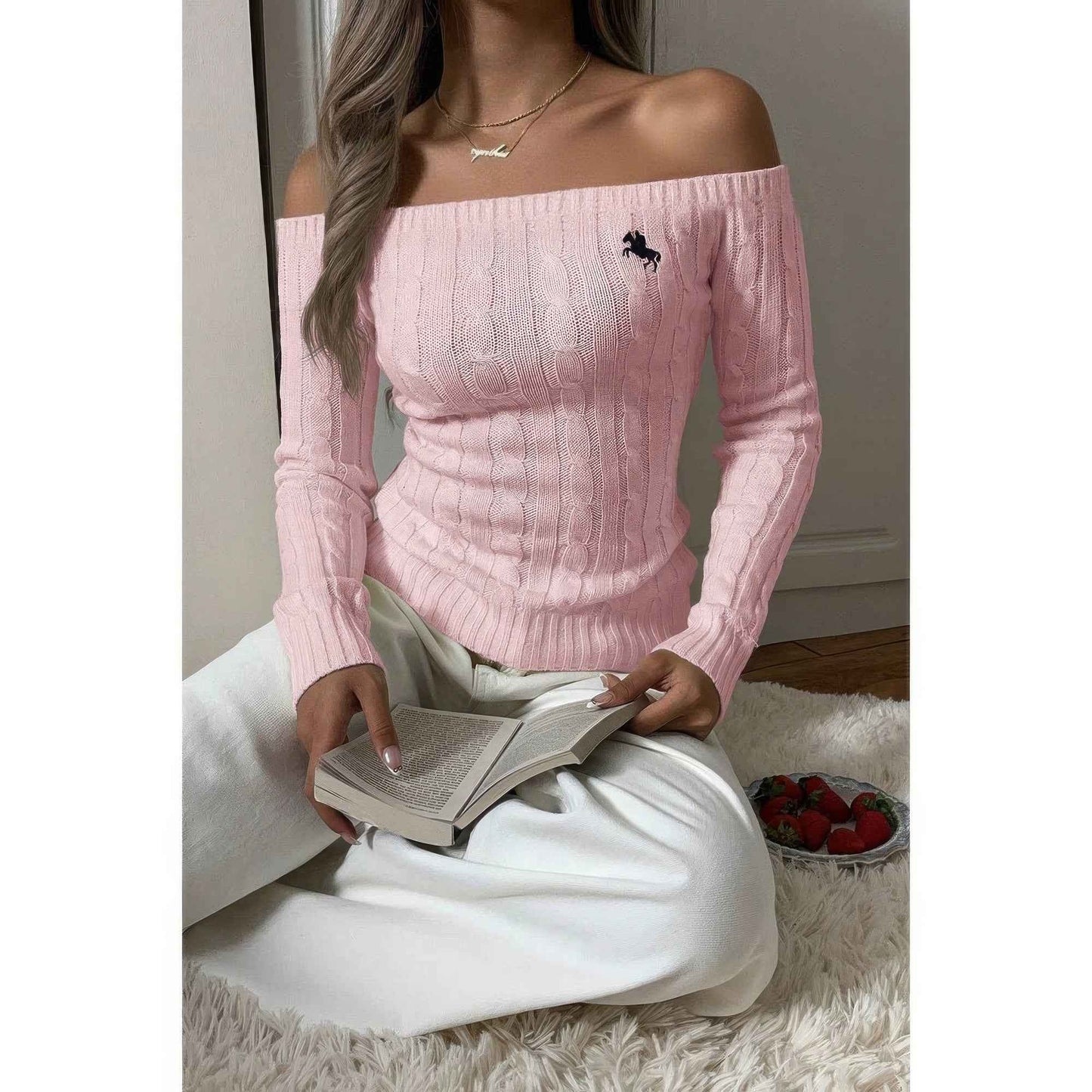 Off Shoulder Cable Knit Solid Long Sleeves Sweater