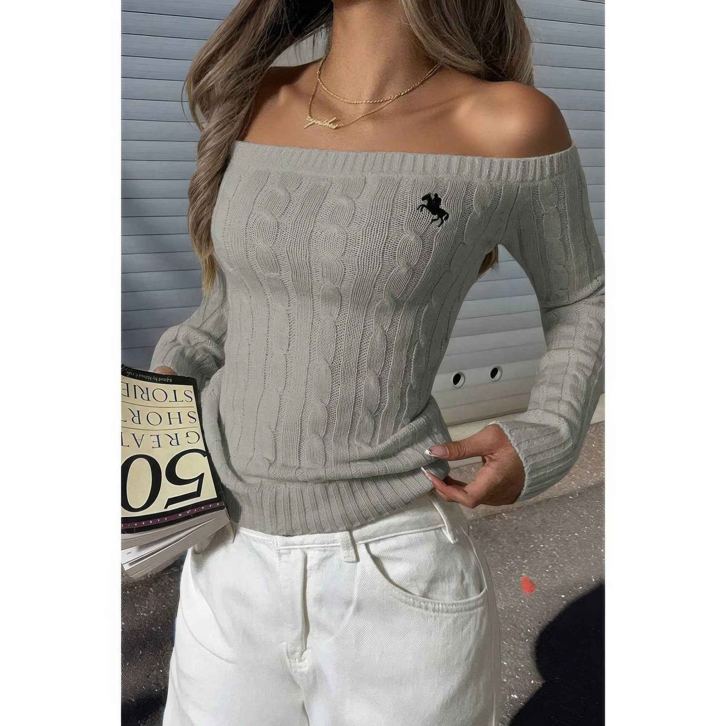Off Shoulder Cable Knit Solid Long Sleeves Sweater