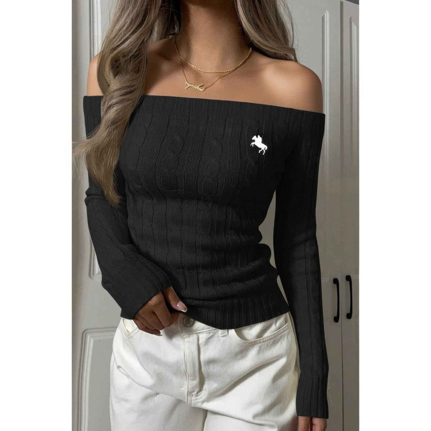 Off Shoulder Cable Knit Solid Long Sleeves Sweater