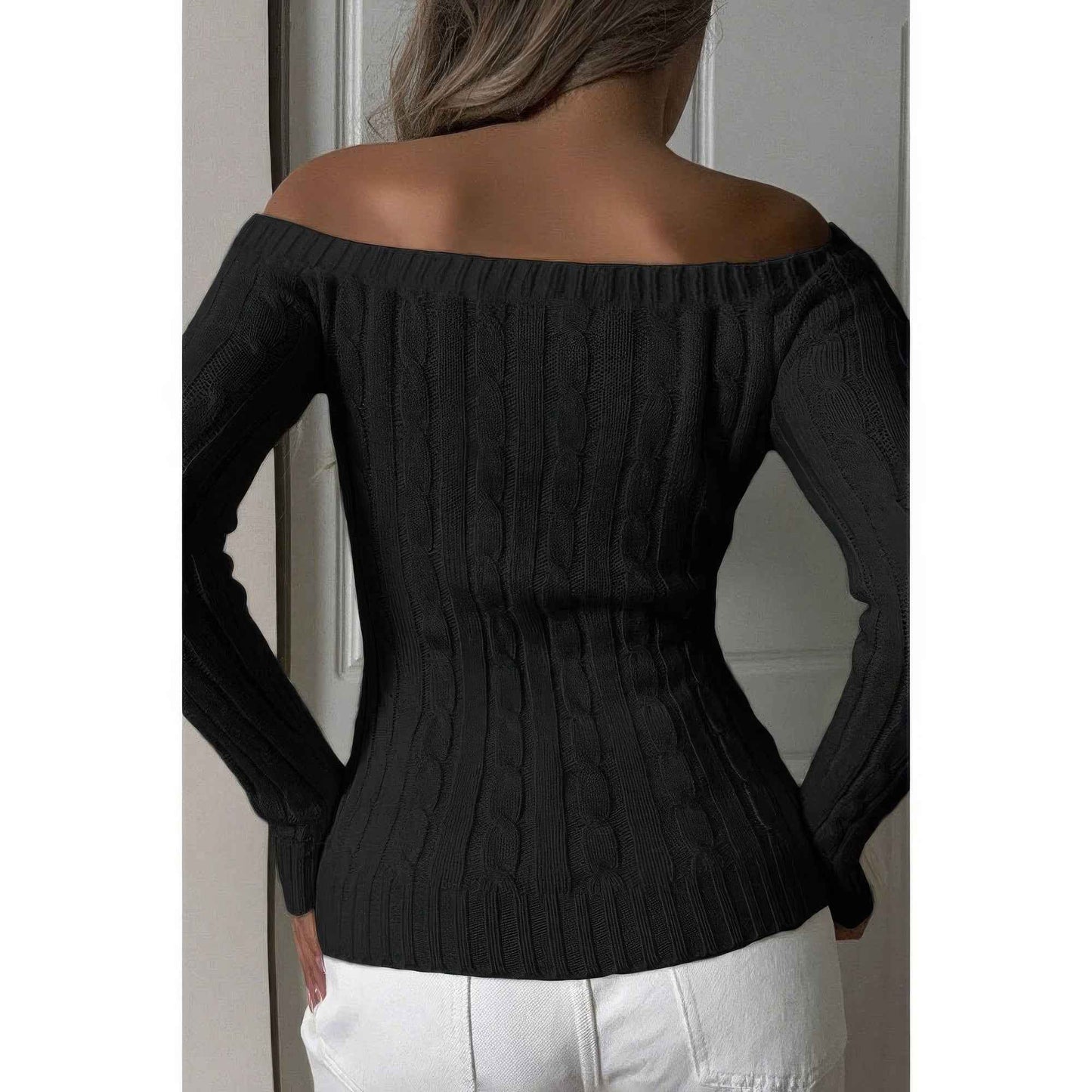 Off Shoulder Cable Knit Solid Long Sleeves Sweater