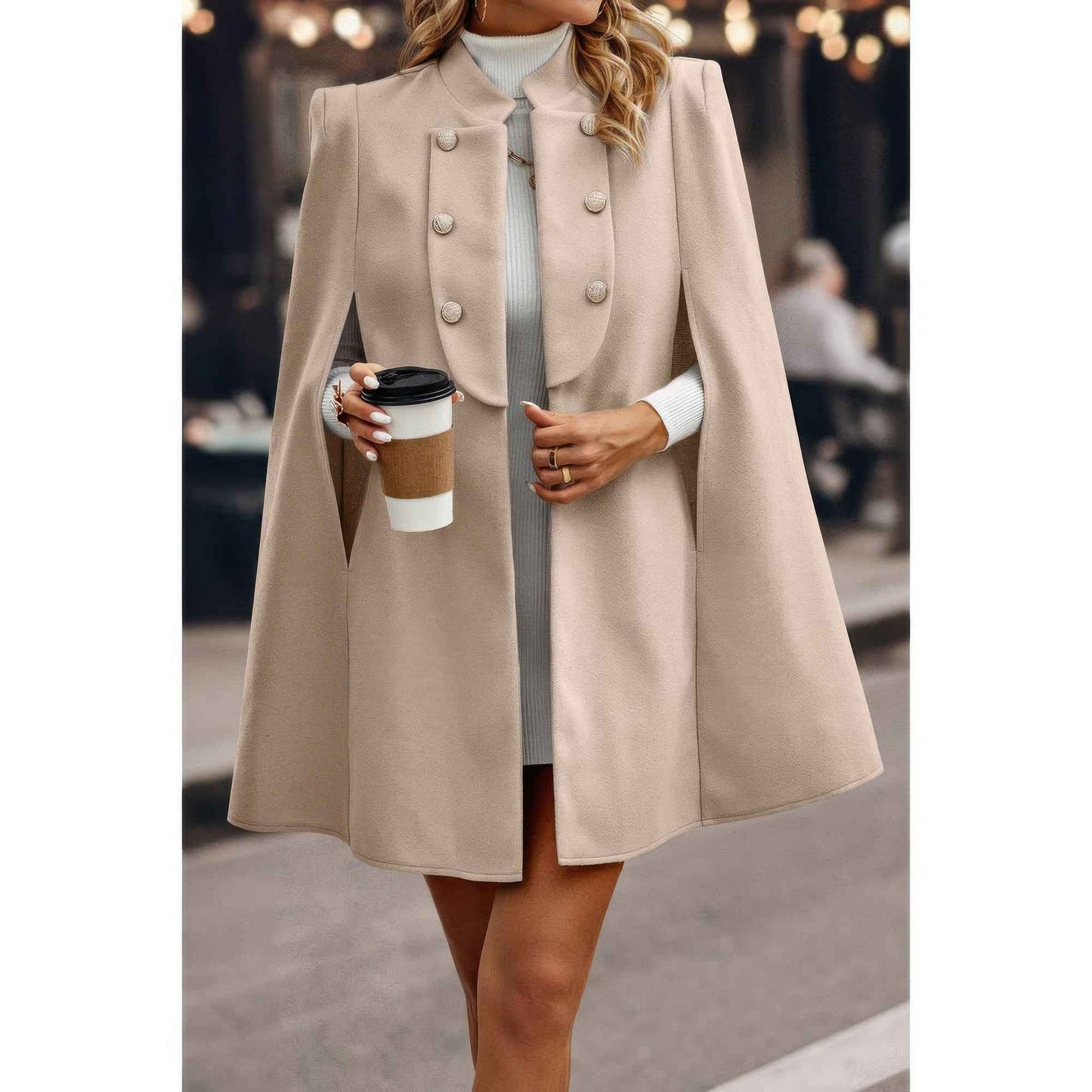Solid Cloak Sleeve Double Breasted Cape Coat