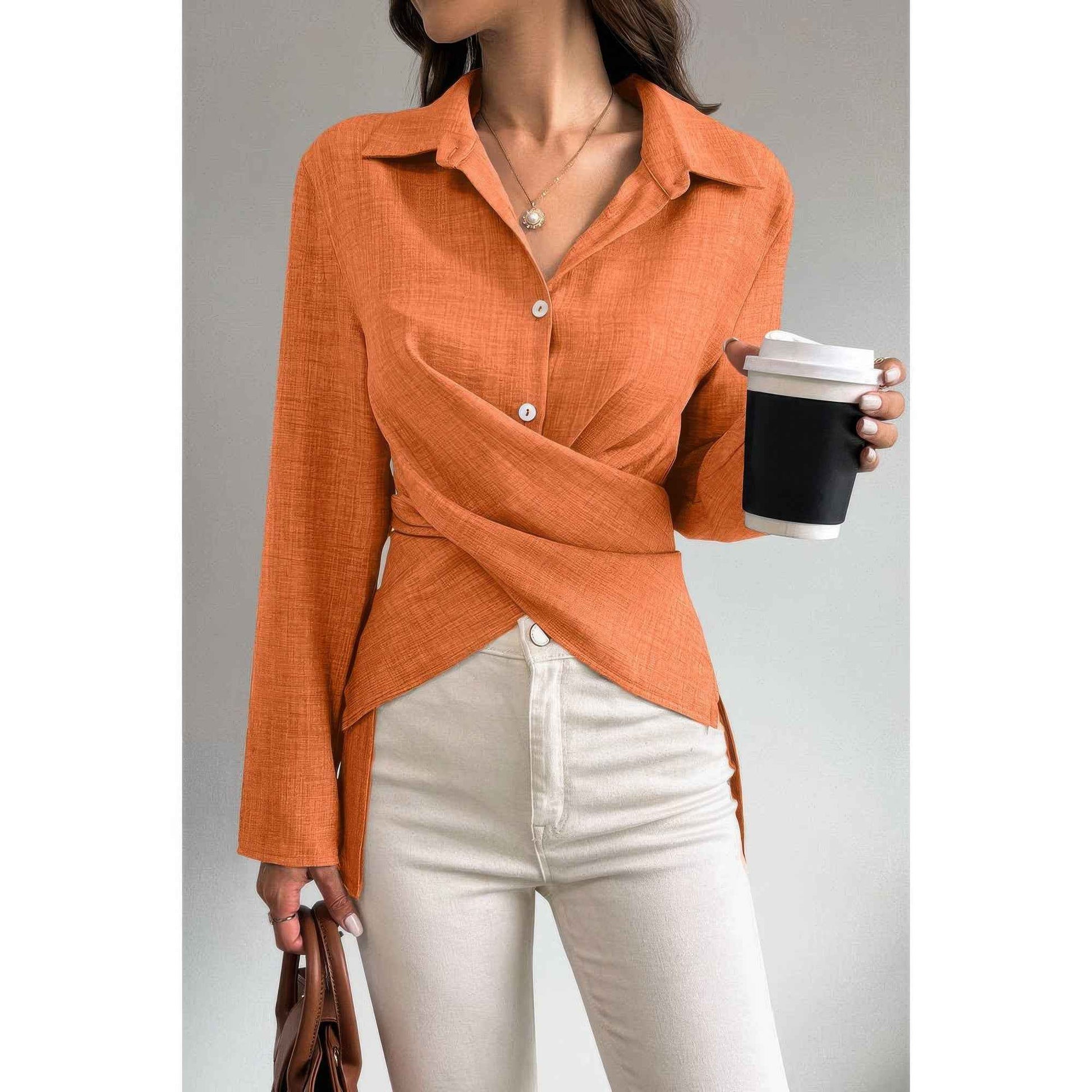 Solid Crossed Button Long Sleeve Blouse
