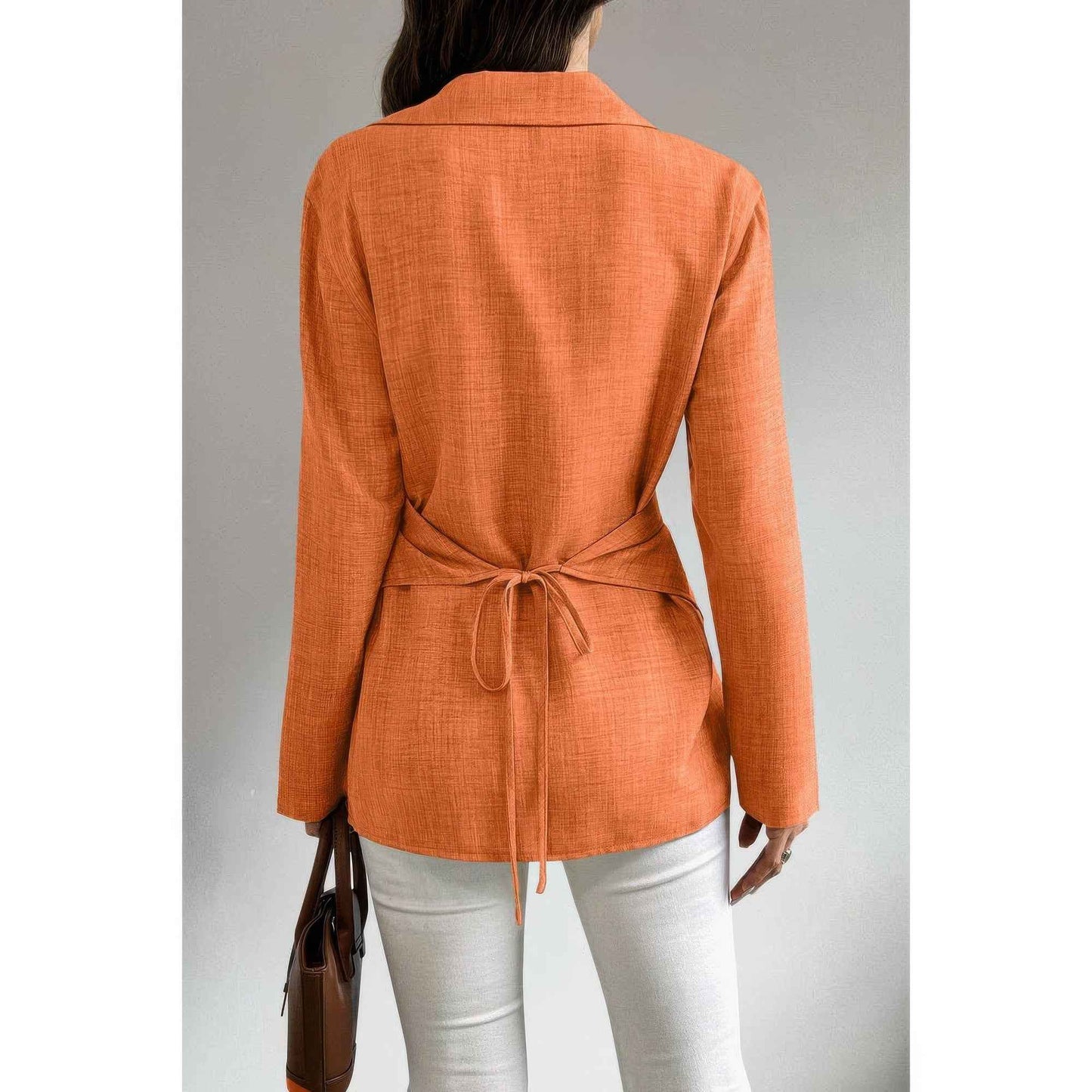 Solid Crossed Button Long Sleeve Blouse