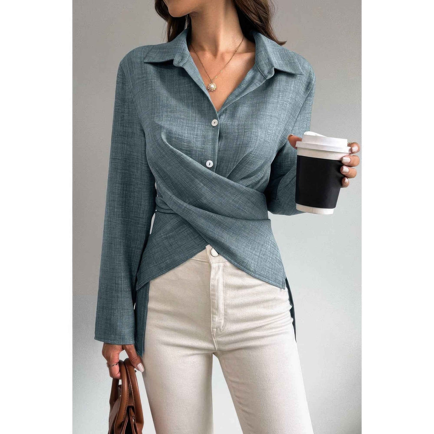 Solid Crossed Button Long Sleeve Blouse