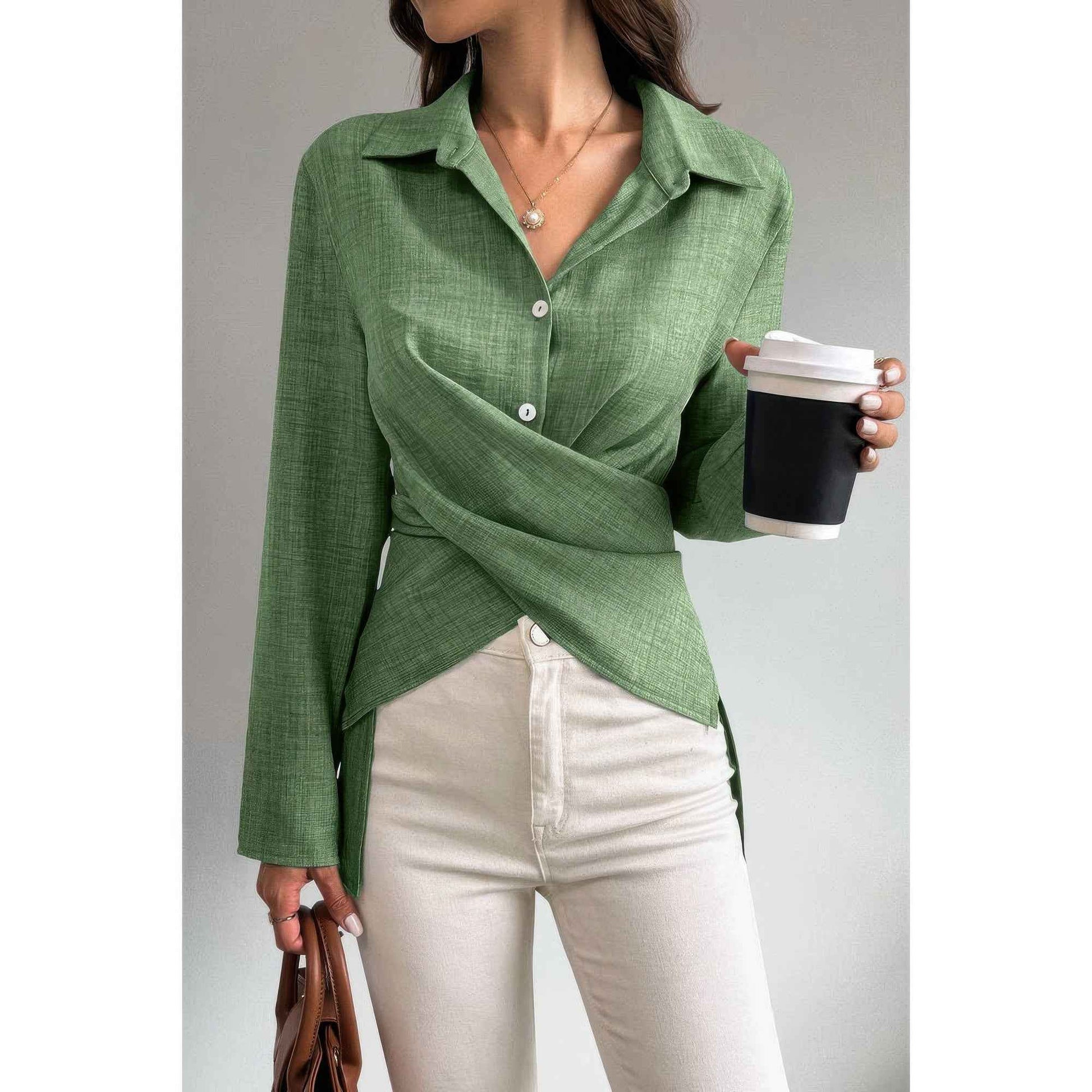 Solid Crossed Button Long Sleeve Blouse