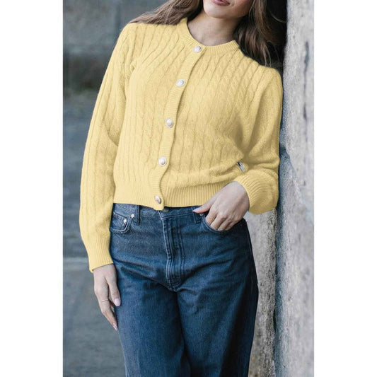 Solid Round Neck Knit Button Cable Sweater