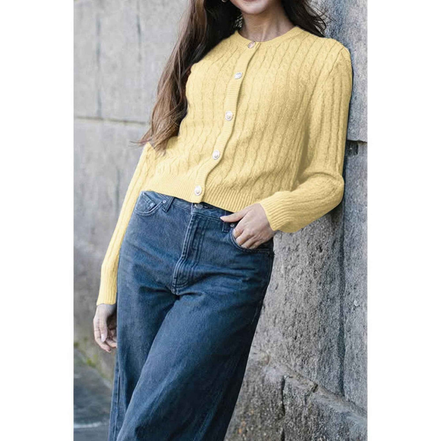 Solid Round Neck Knit Button Cable Sweater