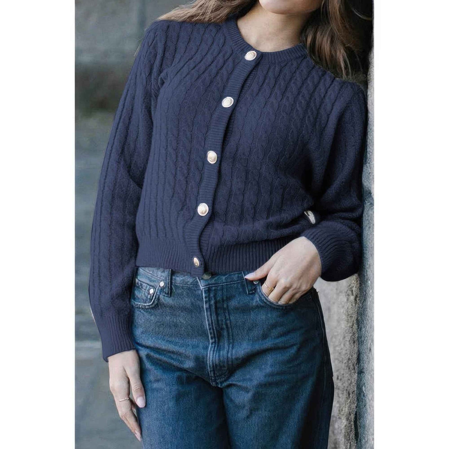 Solid Round Neck Knit Button Cable Sweater