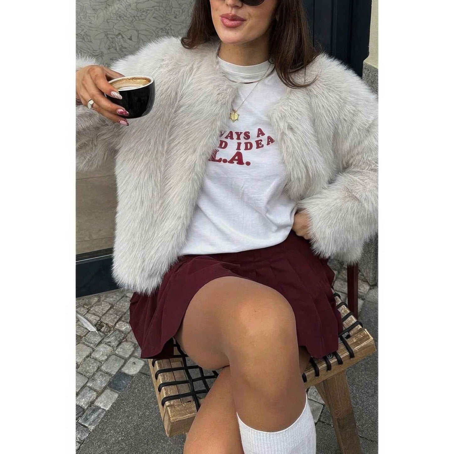 Solid Round Neck Lomh Sleeves Fluffy Jacket