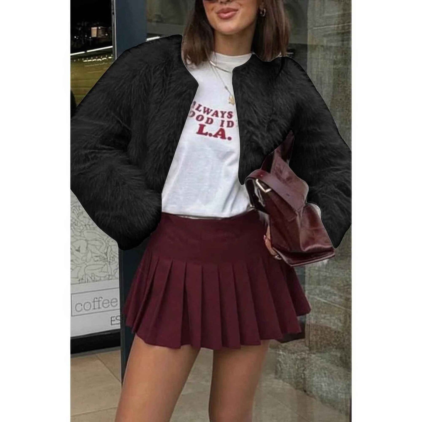 Solid Round Neck Lomh Sleeves Fluffy Jacket