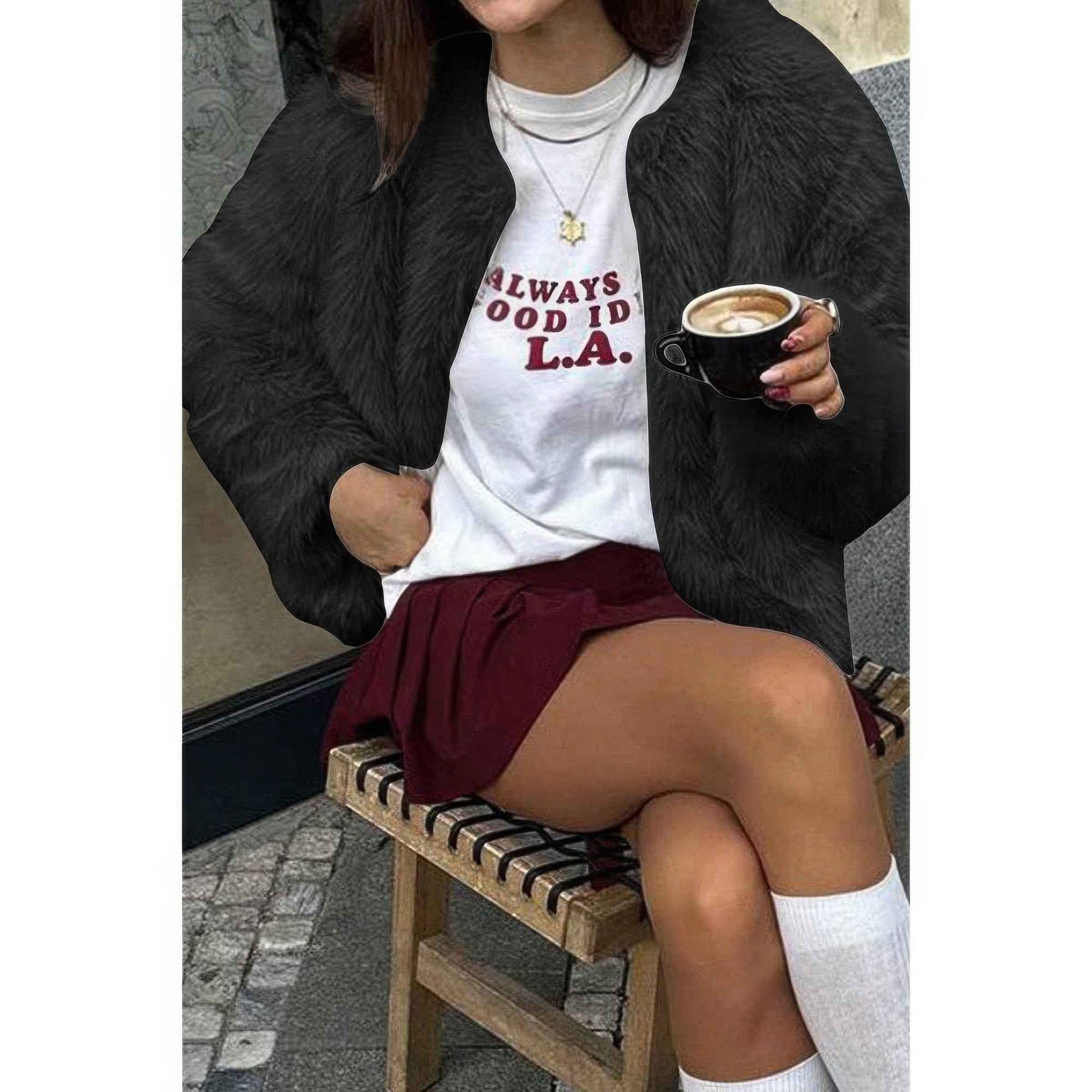 Solid Round Neck Lomh Sleeves Fluffy Jacket