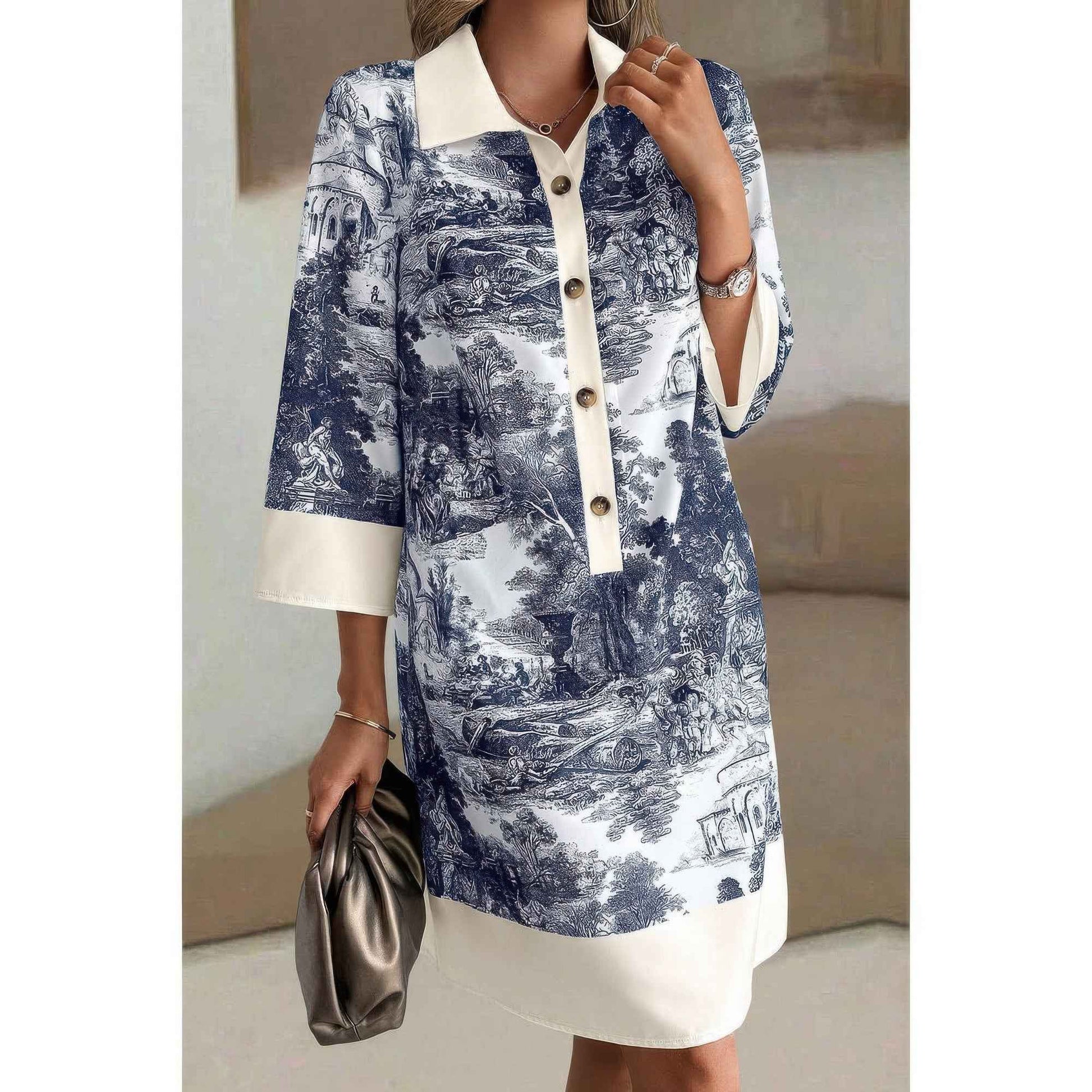 Pattern Stand Collar Front Button Loose Dress