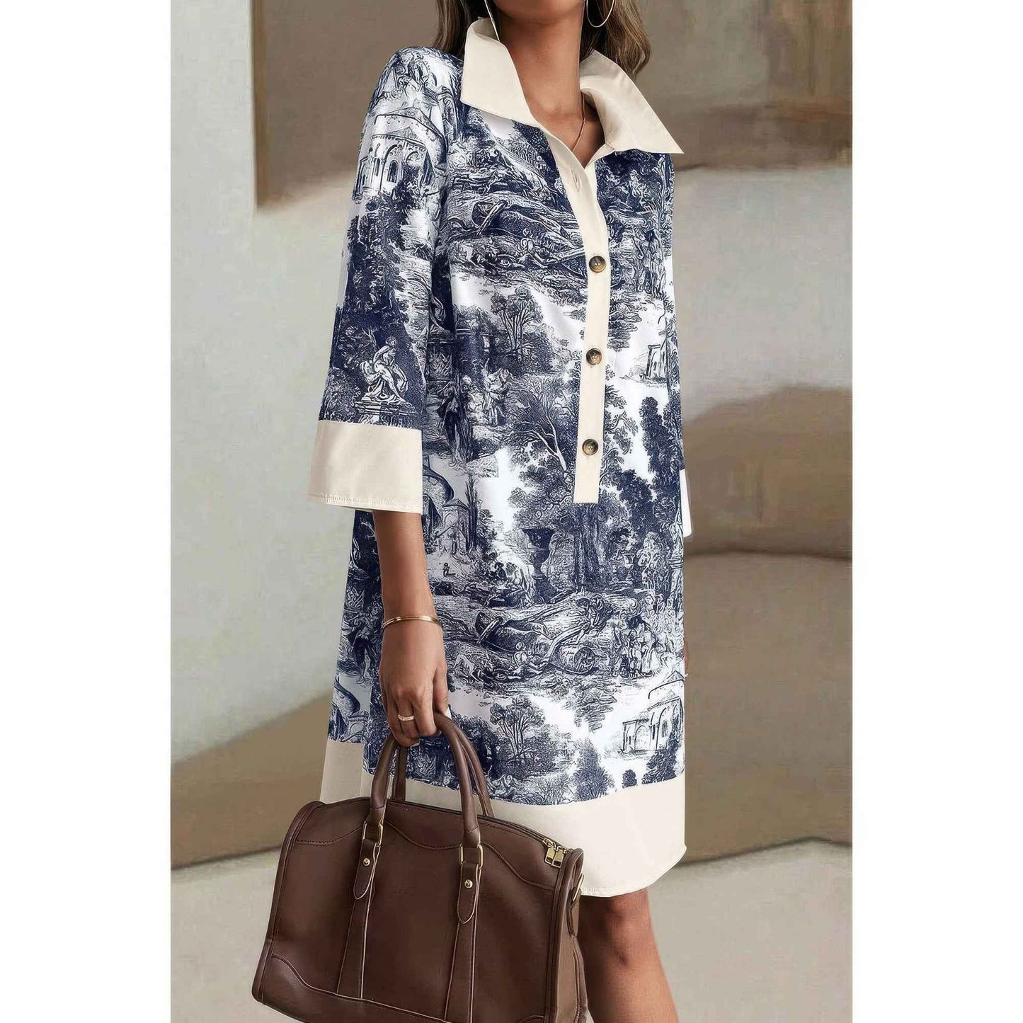 Pattern Stand Collar Front Button Loose Dress