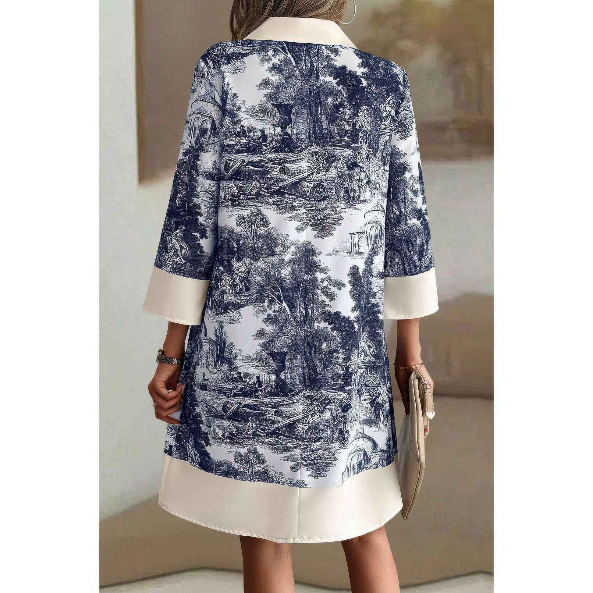 Pattern Stand Collar Front Button Loose Dress