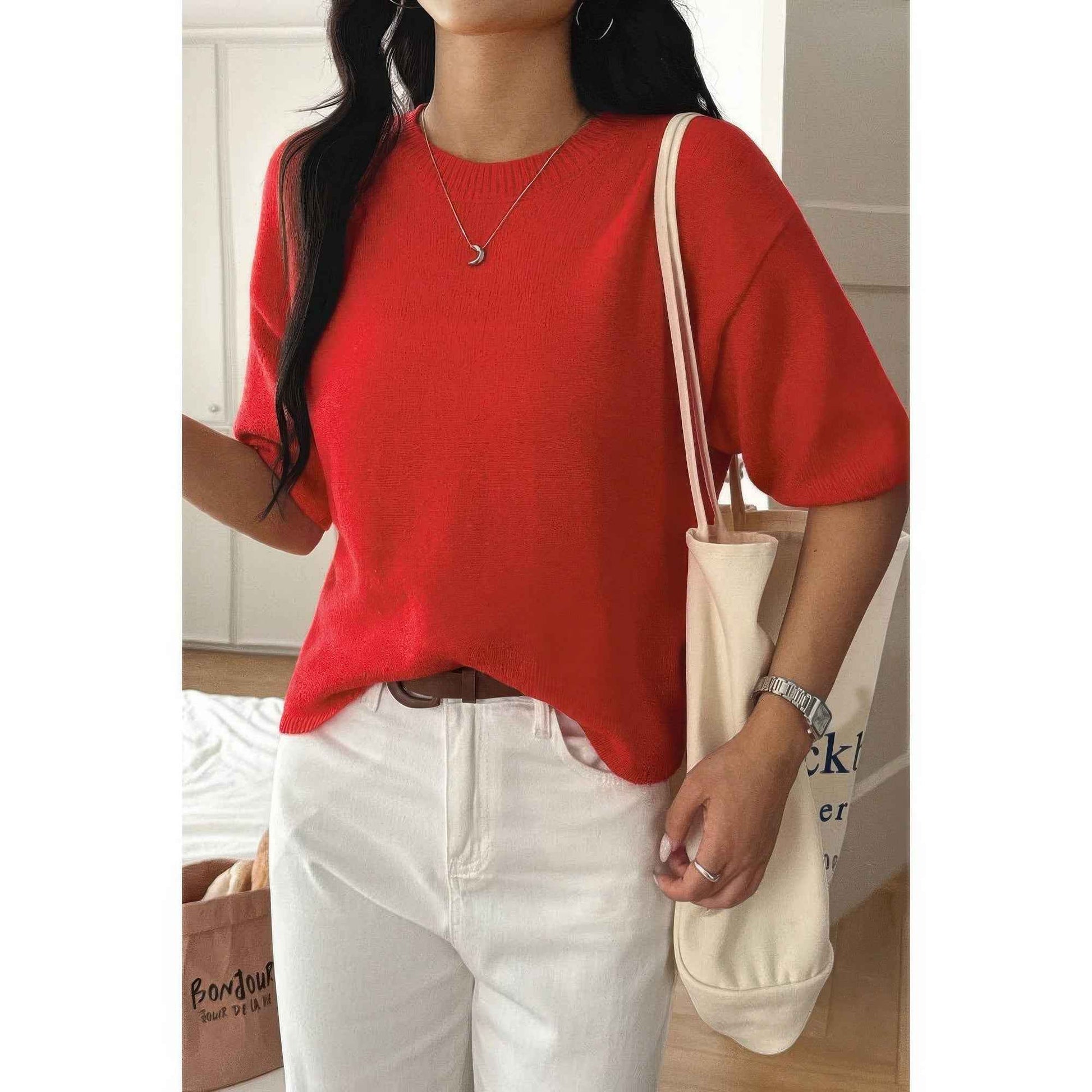 Round Neck Knit Drop Shoulder Loose Sweater