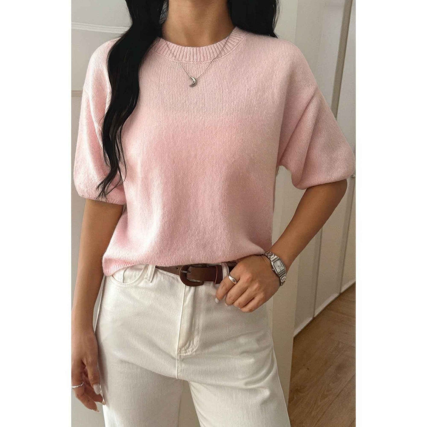 Round Neck Knit Drop Shoulder Loose Sweater
