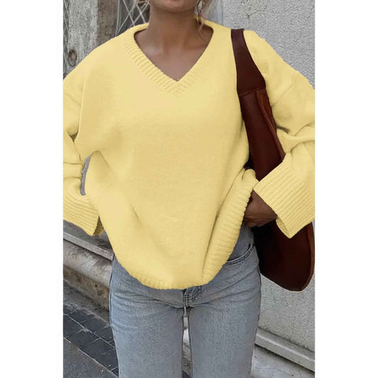 Solid V Neck Loose Knit Vintage Sweater