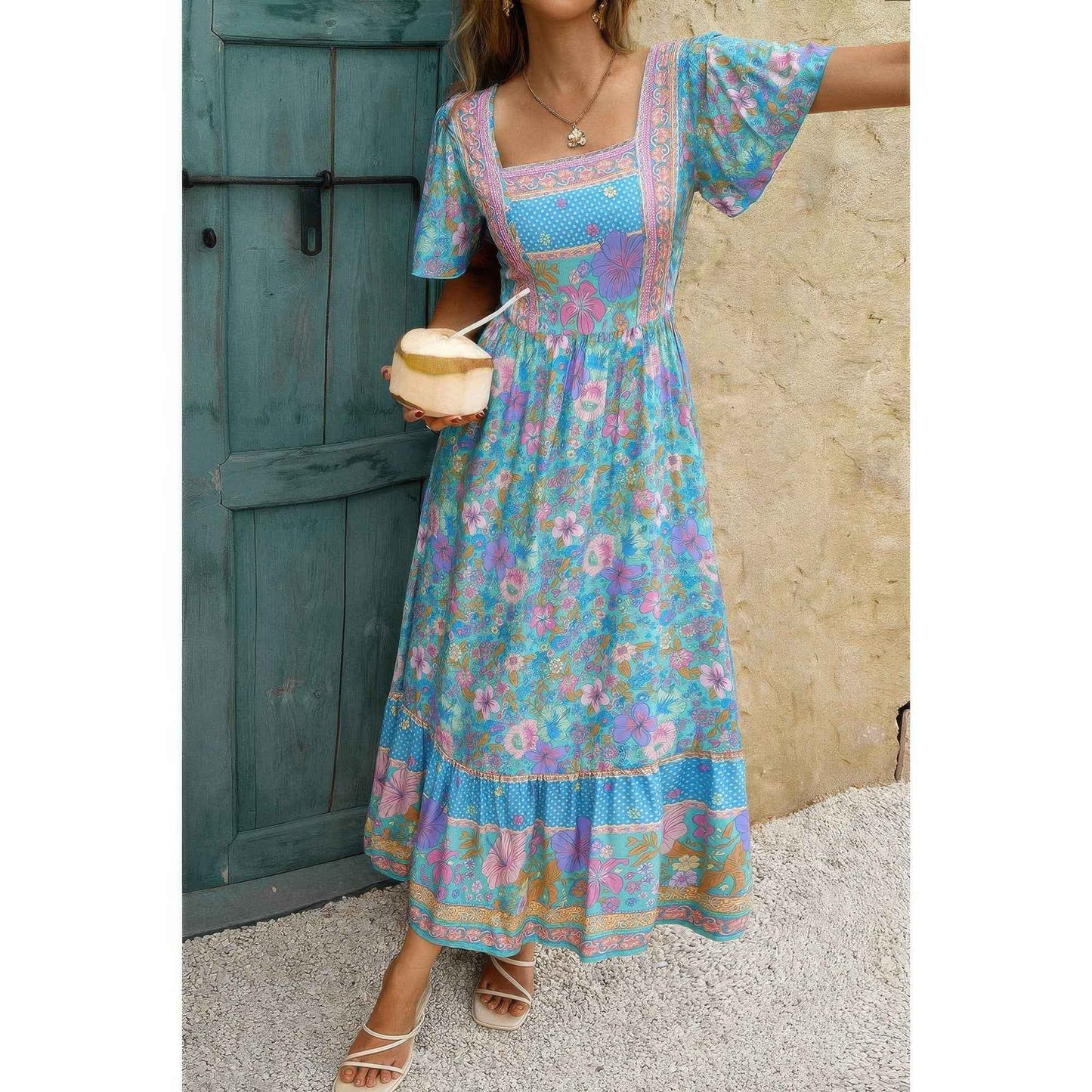 Square Neck Boho Floral A Line Fit Dress