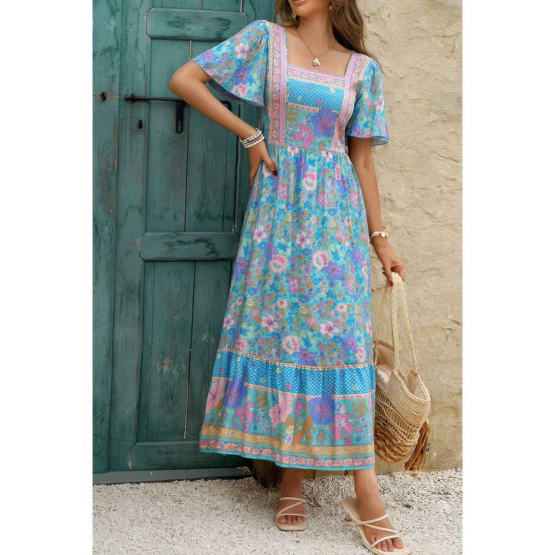 Square Neck Boho Floral A Line Fit Dress