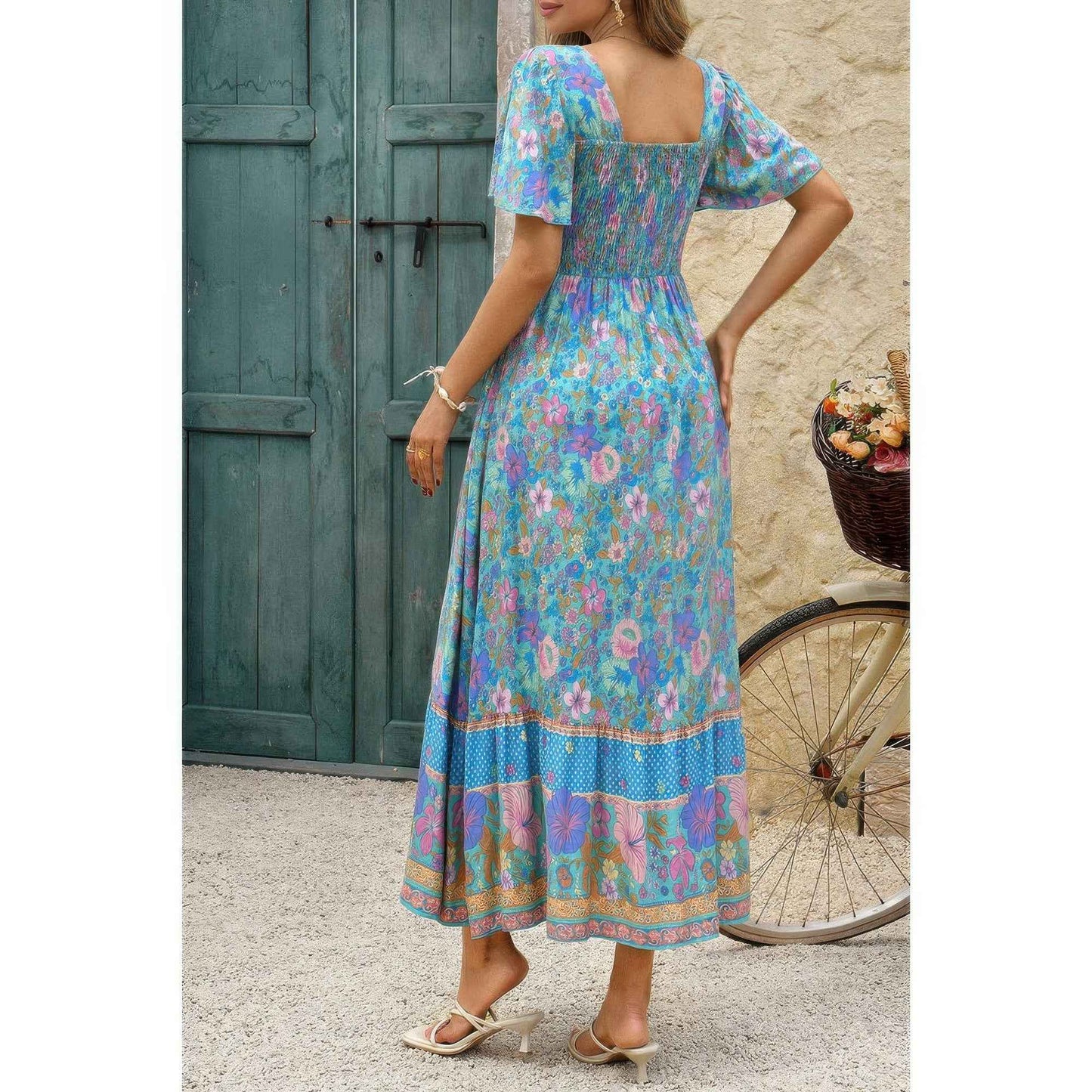 Square Neck Boho Floral A Line Fit Dress
