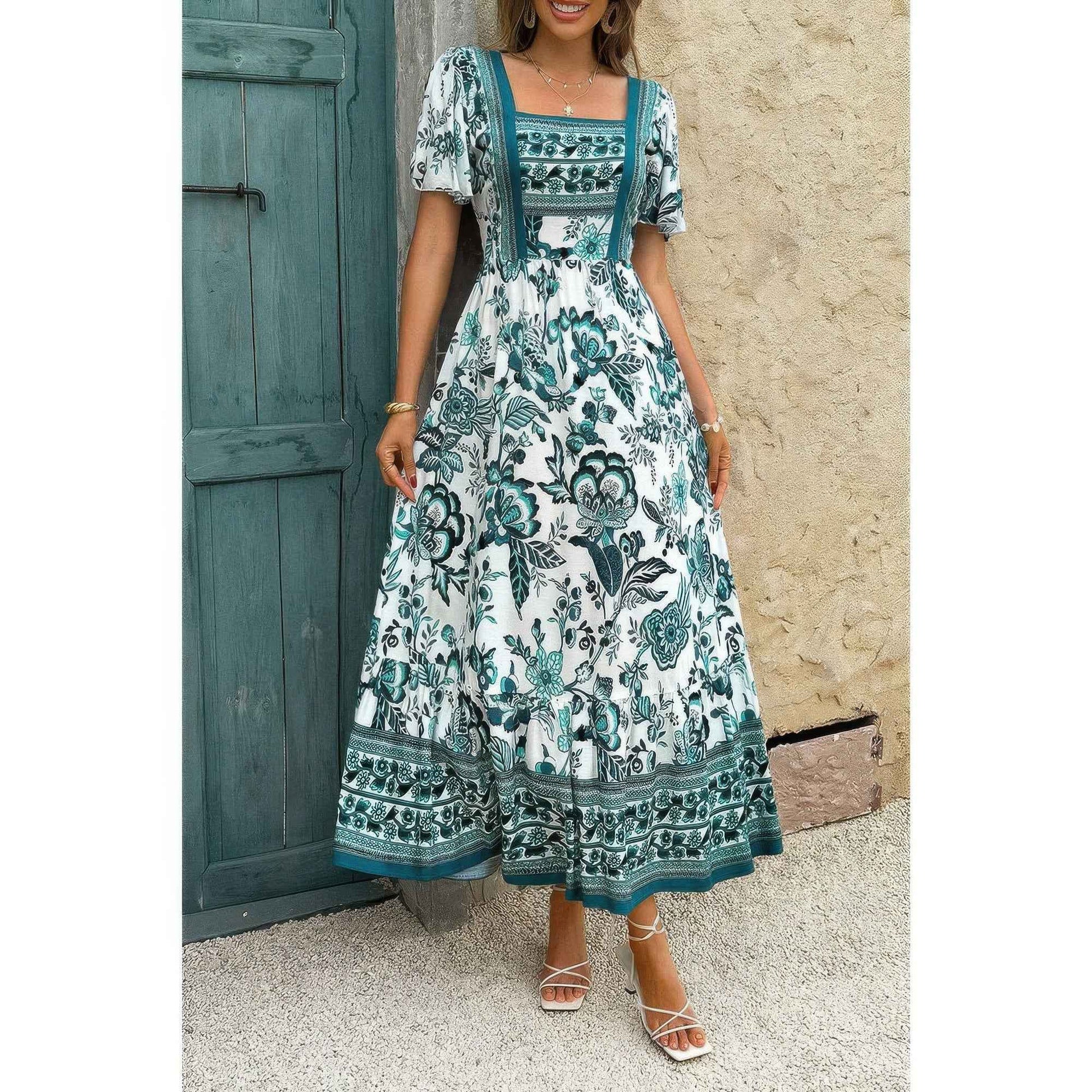 Square Neck Floral Printed Ankle Length A Line Dress