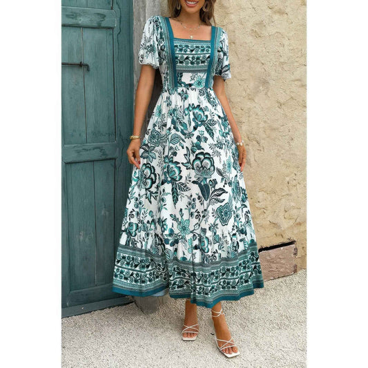 Square Neck Floral Printed Ankle Length A Line Dress
