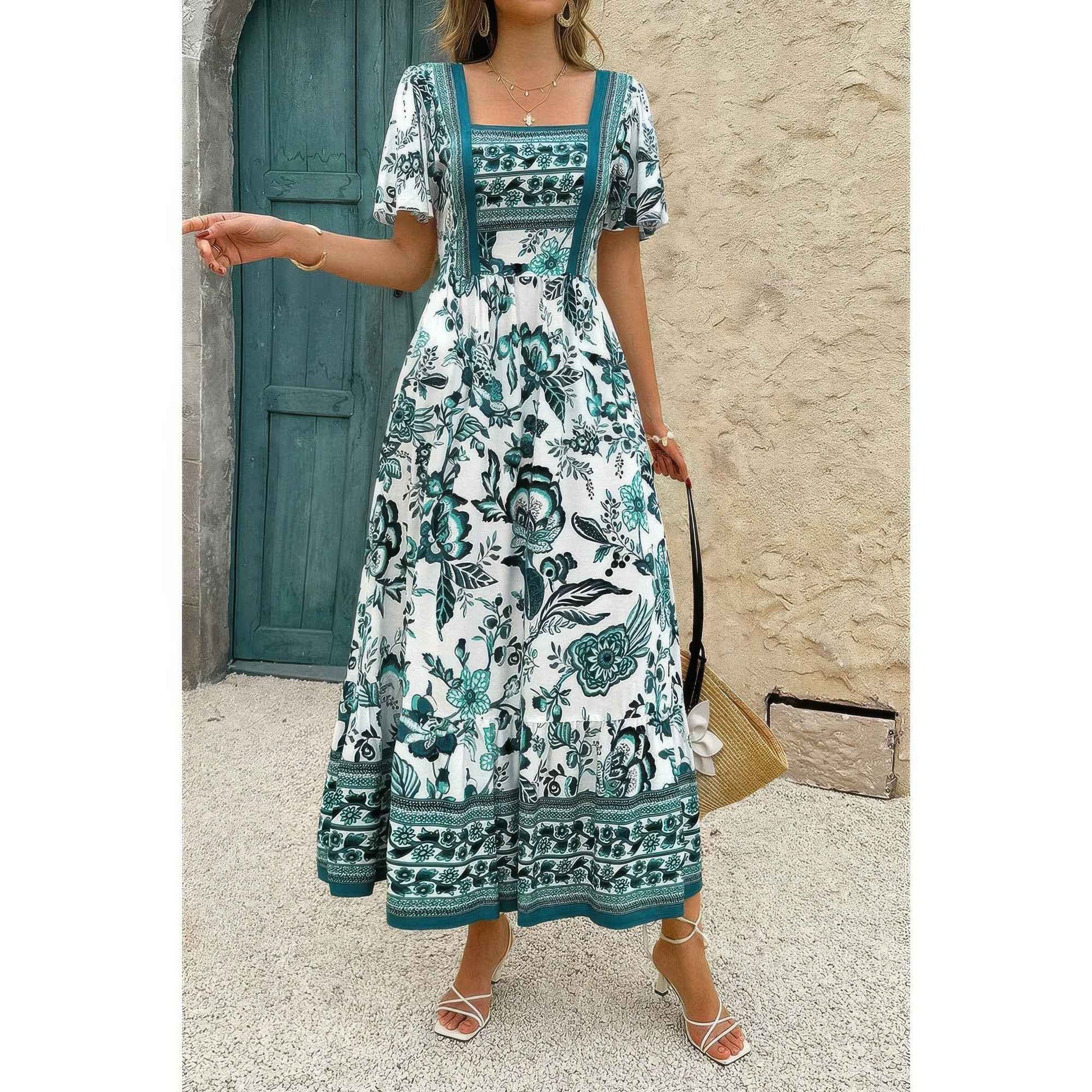Square Neck Floral Printed Ankle Length A Line Dress