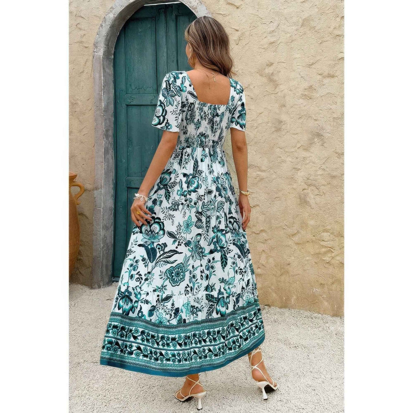 Square Neck Floral Printed Ankle Length A Line Dress
