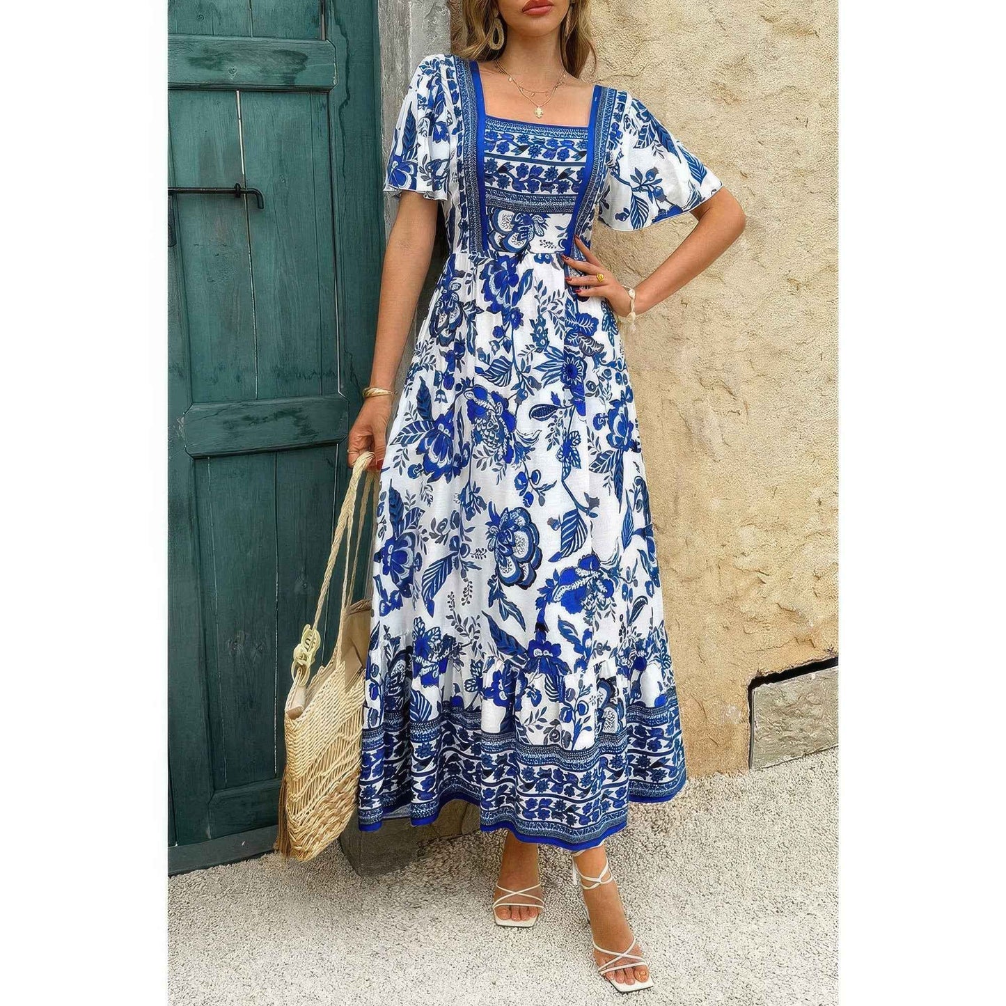 Square Neck Floral Printed Ankle Length A Line Dress