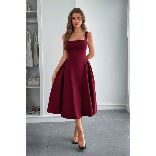 Square Neck A Line Pleated Sleeveless Long Dress