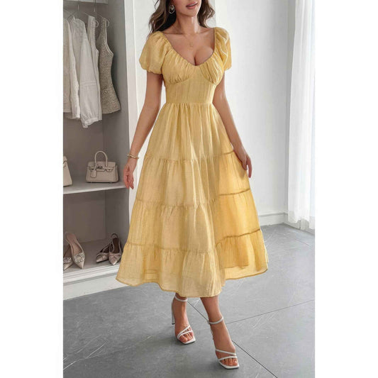 Solid Backless Tiered Puff Sleeve Fit Midi Dress