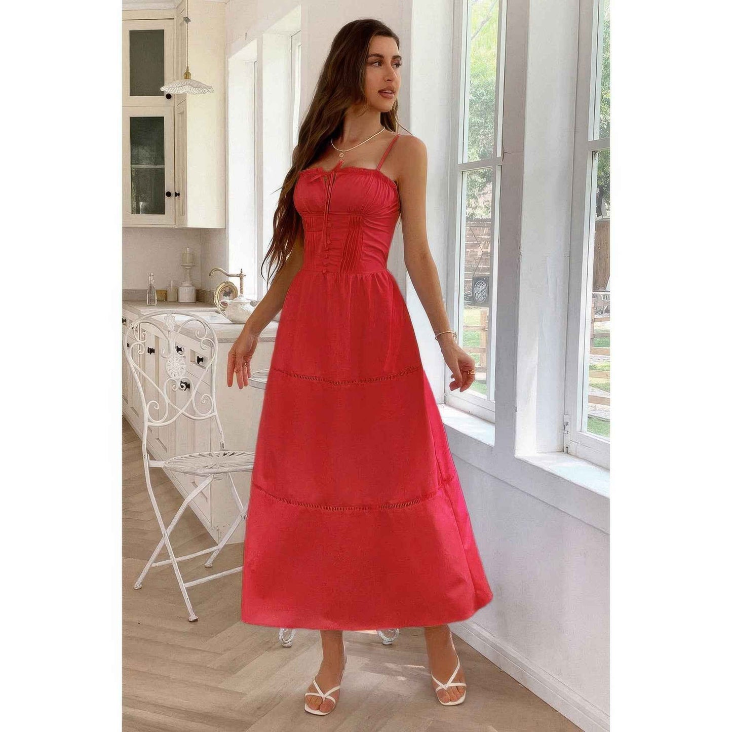 Solid Button Decor Pintuck Eyelet Shirred Dress