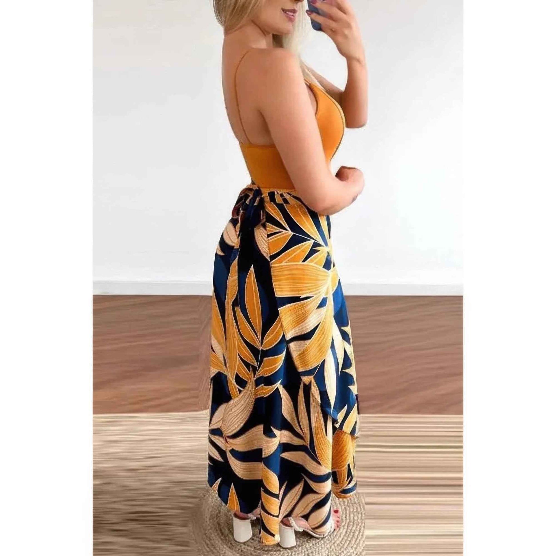 Spaghetti Tropical Cross Wrap Sleeveless Dress