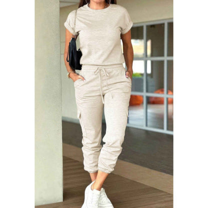One Piece Solid Round Neck Shirt Drawstring Jumpsuit
